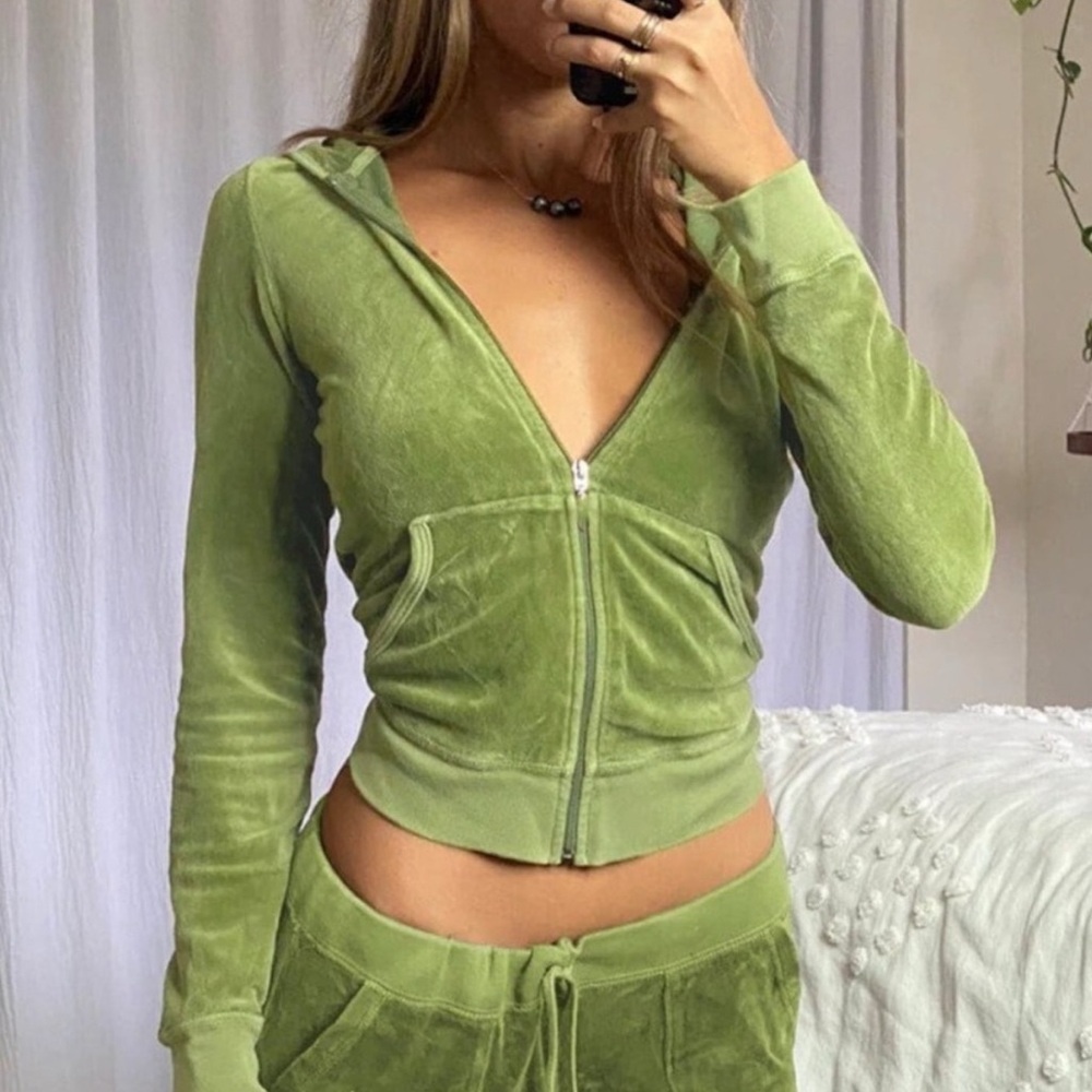 Juicy couture y2k olive green velvet Velour Zip-Up Hoodie S